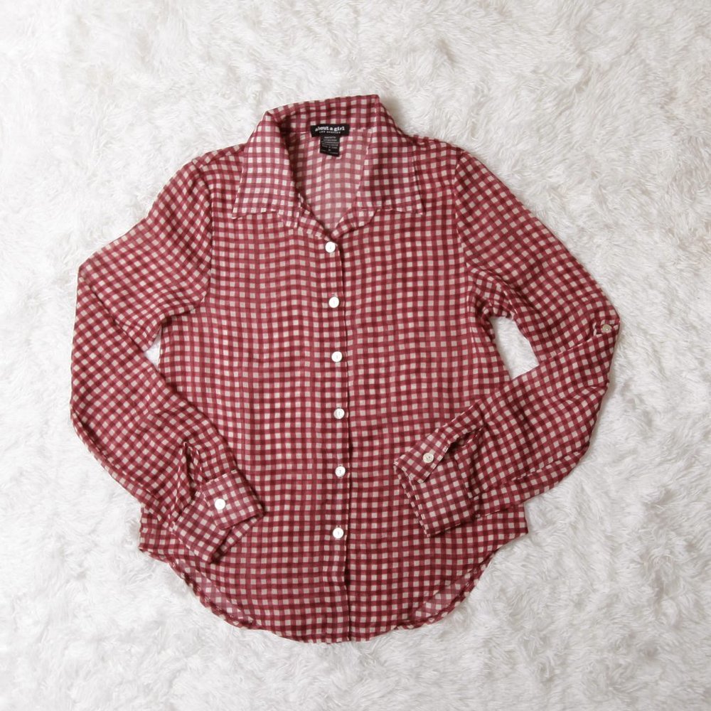 About a girl sheer checkered blouse small